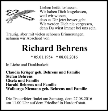 Traueranzeige von Richard Behrens  von Magdeburger Volksstimme