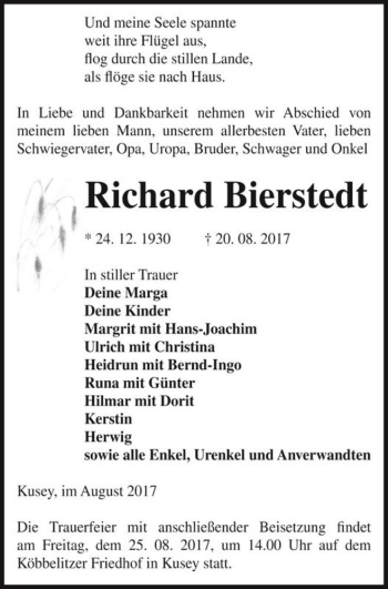 Traueranzeige von Richard Bierstedt  von Magdeburger Volksstimme
