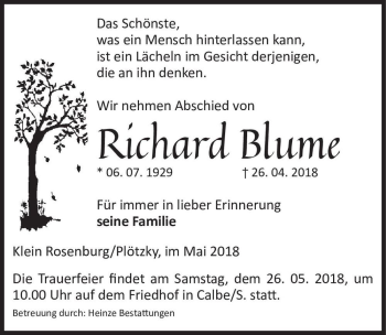 Traueranzeige von Richard Blume  von Magdeburger Volksstimme