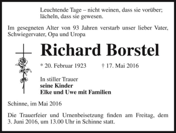 Traueranzeige von Richard Borstel  von Magdeburger Volksstimme