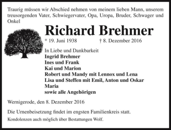 Traueranzeige von Richard Brehmer  von Magdeburger Volksstimme
