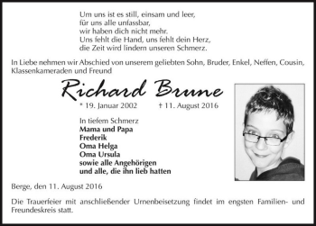 Traueranzeige von Richard Brune  von Magdeburger Volksstimme