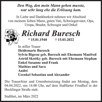 Traueranzeige von Richard Buresch  von Magdeburger Volksstimme