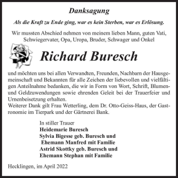 Traueranzeige von Richard Buresch  von Magdeburger Volksstimme