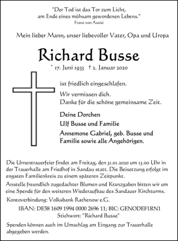 Traueranzeige von Richard Busse  von Magdeburger Volksstimme