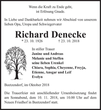 Traueranzeige von Richard Denecke  von Magdeburger Volksstimme