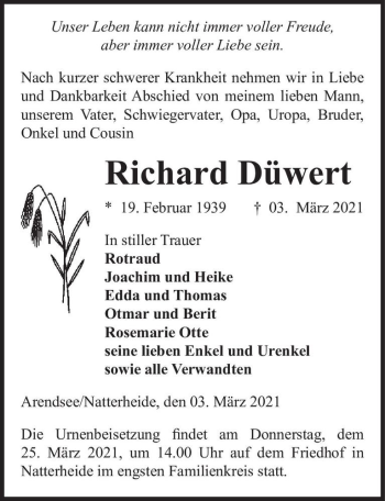 Traueranzeige von Richard Düwert  von Magdeburger Volksstimme