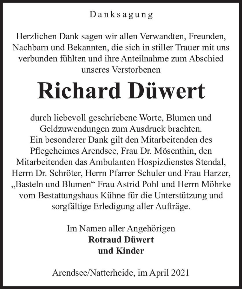  Traueranzeige für Richard Düwert  vom 10.04.2021 aus Magdeburger Volksstimme