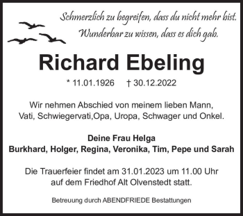 Traueranzeige von Richard Ebeling  von Magdeburger Volksstimme