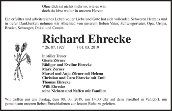 Traueranzeige von Richard Ehrecke  von Magdeburger Volksstimme