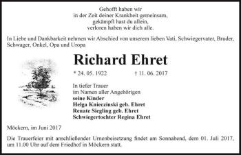 Traueranzeige von Richard Ehret  von Magdeburger Volksstimme