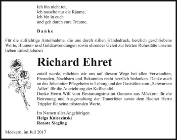 Traueranzeige von Richard Ehret  von Magdeburger Volksstimme