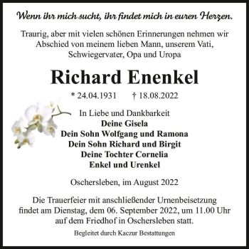 Traueranzeige von Richard Enenkel  von Magdeburger Volksstimme