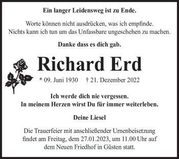 Traueranzeige von Richard Erd  von Magdeburger Volksstimme