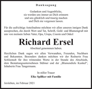 Traueranzeige von Richard Ersel  von Magdeburger Volksstimme