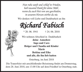 Traueranzeige von Richard Fabisch  von Magdeburger Volksstimme