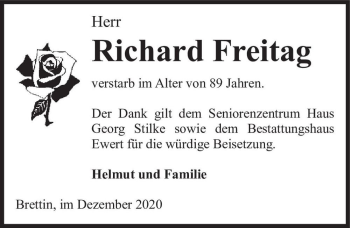 Traueranzeige von Richard Freitag  von Magdeburger Volksstimme