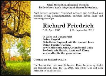 Traueranzeige von Richard Friedrich  von Magdeburger Volksstimme