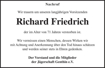 Traueranzeige von Richard Friedrich  von Magdeburger Volksstimme