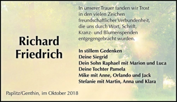 Traueranzeige von Richard Friedrich  von Magdeburger Volksstimme