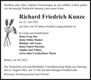 Traueranzeige von Richard Friedrich Kunze  von Magdeburger Volksstimme