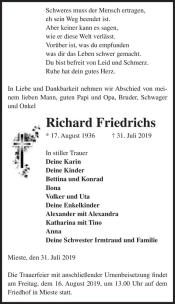 Traueranzeige von Richard Friedrichs  von Magdeburger Volksstimme