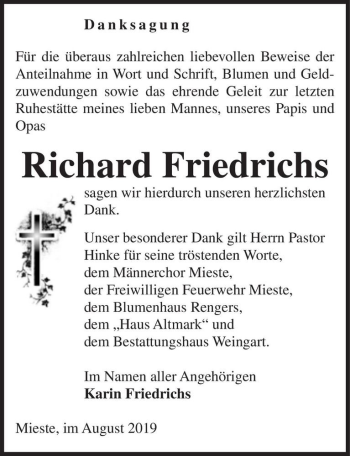 Traueranzeige von Richard Friedrichs  von Magdeburger Volksstimme