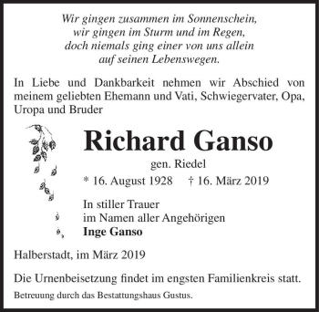 Traueranzeige von Richard Ganso (gen. Riedel)  von Magdeburger Volksstimme