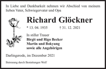 Traueranzeige von Richard Glöckner  von Magdeburger Volksstimme