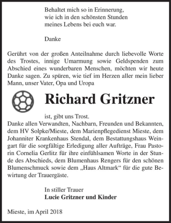 Traueranzeige von Richard Gritzner  von Magdeburger Volksstimme