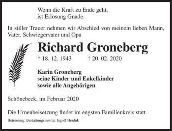 Traueranzeige von Richard Groneberg  von Magdeburger Volksstimme