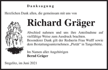 Traueranzeige von Richard Gräger  von Magdeburger Volksstimme
