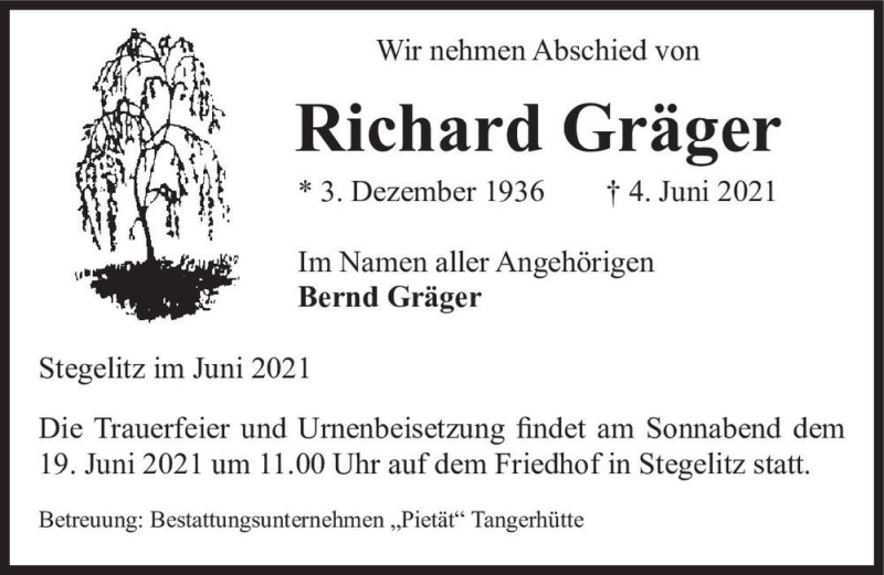  Traueranzeige für Richard Gräger  vom 12.06.2021 aus Magdeburger Volksstimme