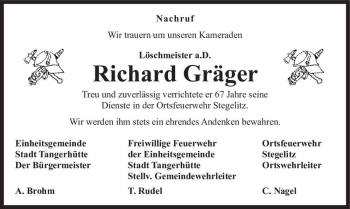 Traueranzeige von Richard Gräger  von Magdeburger Volksstimme