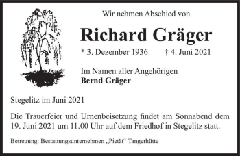 Traueranzeige von Richard Gräger  von Magdeburger Volksstimme