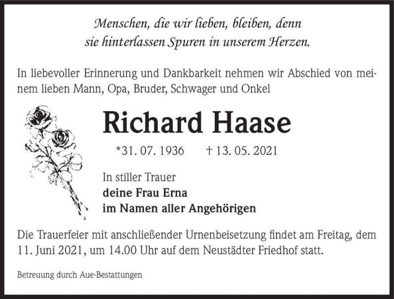  Traueranzeige für Richard Haase  vom 05.06.2021 aus Magdeburger Volksstimme