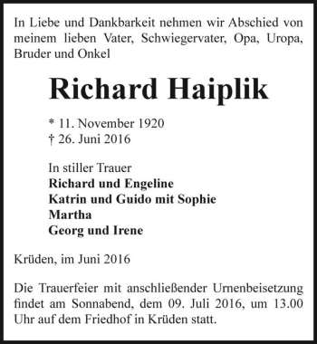 Traueranzeige von Richard Haiplik  von Magdeburger Volksstimme