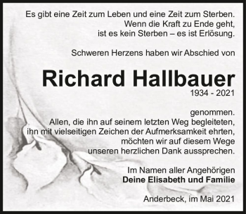 Traueranzeige von Richard Hallbauer  von Magdeburger Volksstimme