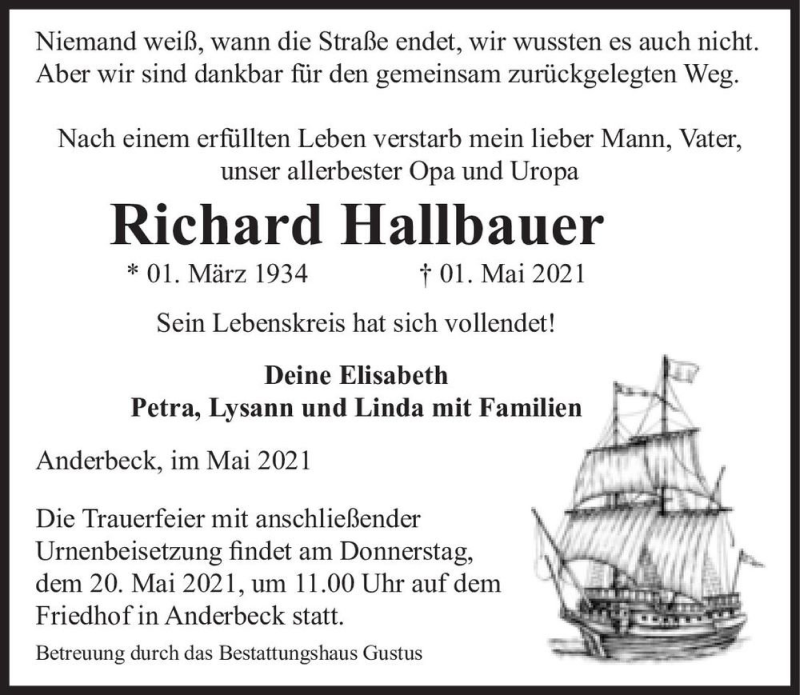  Traueranzeige für Richard Hallbauer  vom 08.05.2021 aus Magdeburger Volksstimme