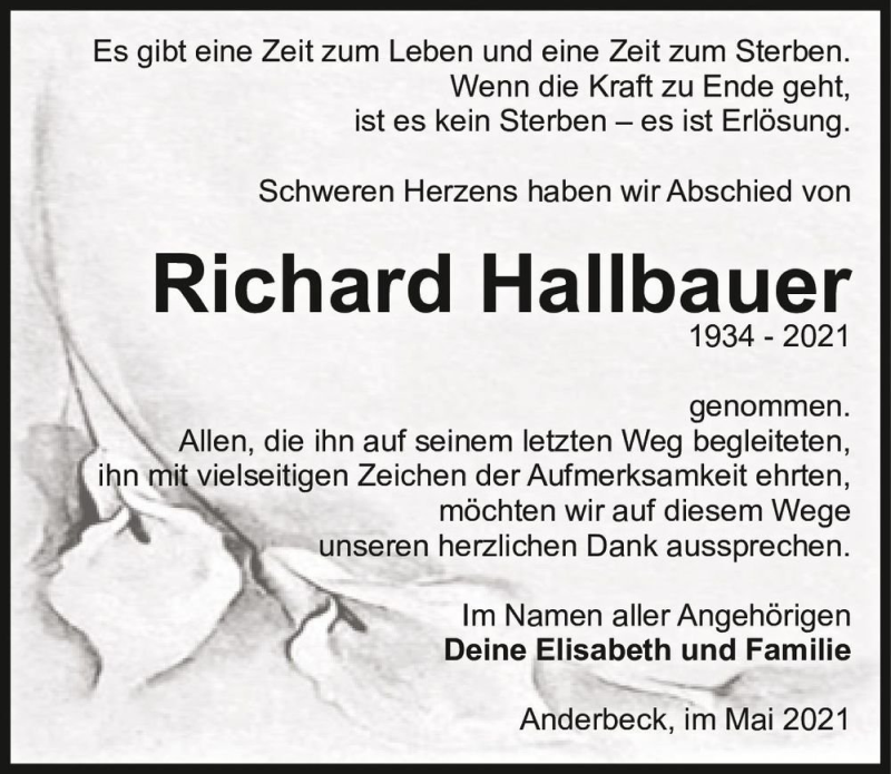  Traueranzeige für Richard Hallbauer  vom 05.06.2021 aus Magdeburger Volksstimme