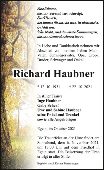 Traueranzeige von Richard Haubner  von Magdeburger Volksstimme