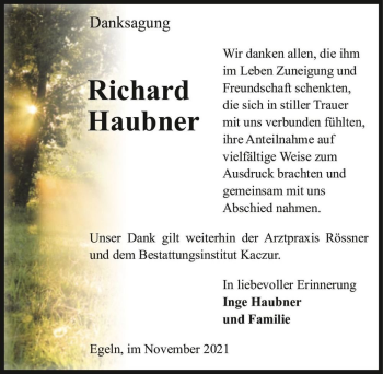 Traueranzeige von Richard Haubner  von Magdeburger Volksstimme