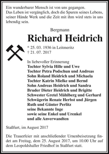 Traueranzeige von Richard Heidrich  von Magdeburger Volksstimme
