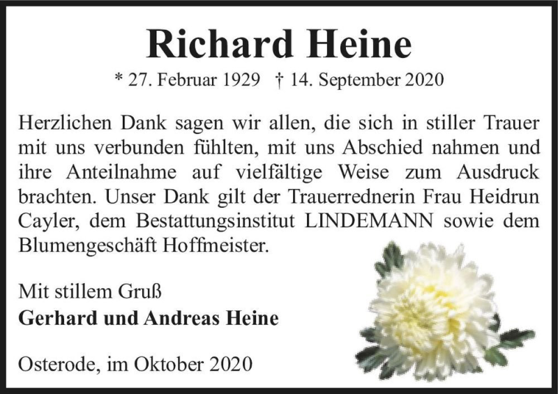  Traueranzeige für Richard Heine  vom 17.10.2020 aus Magdeburger Volksstimme