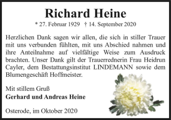 Traueranzeige von Richard Heine  von Magdeburger Volksstimme