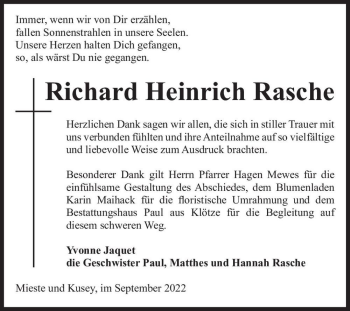 Traueranzeige von Richard Heinrich Rasche  von Magdeburger Volksstimme