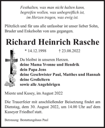 Traueranzeige von Richard Heinrich Rasche  von Magdeburger Volksstimme