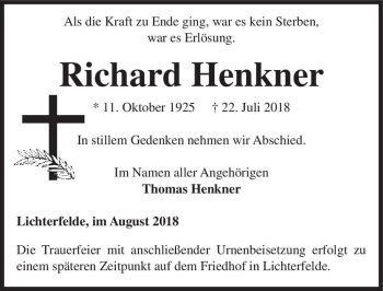 Traueranzeige von Richard Henkner  von Magdeburger Volksstimme