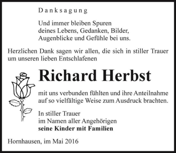 Traueranzeige von Richard Herbst  von Magdeburger Volksstimme
