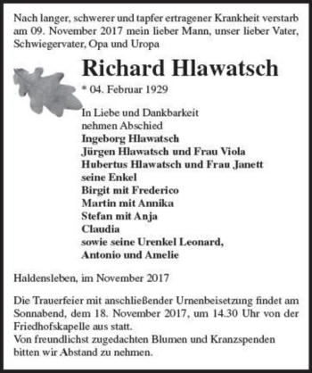 Traueranzeige von Richard Hlawatsch  von Magdeburger Volksstimme